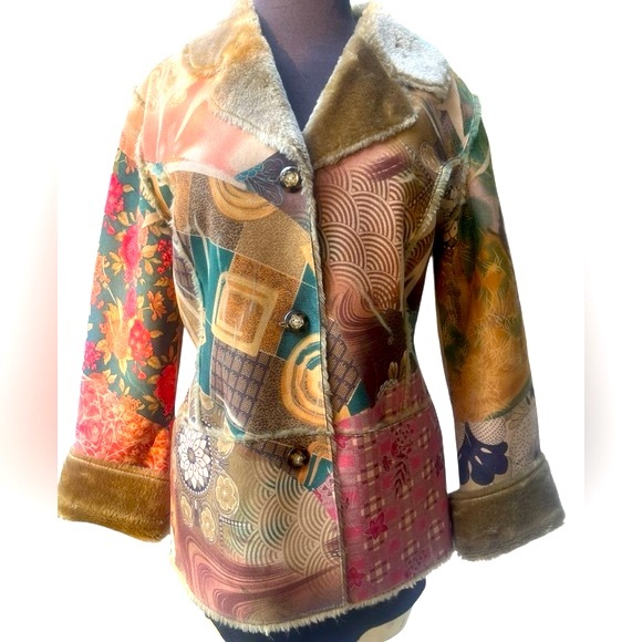 Lapis Penny Lane Coat Artsy Patchwork Print Faux Suede Lined Boho Hippie Retro M - Picture 2 of 10